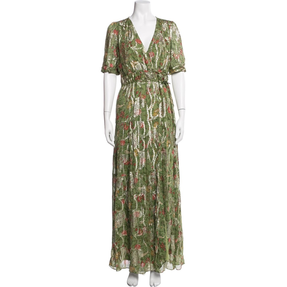 Ba&sh Rubi Vert Green Metallic Floral V-Neck Short Sleeve Maxi Dress